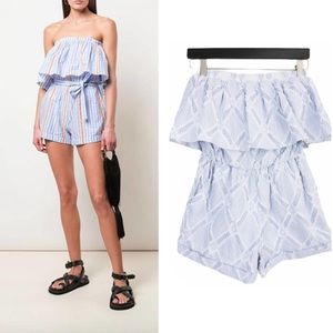 Lemlem Blue Romper Off The Shoulder Striped Size XS Brand New With Tags